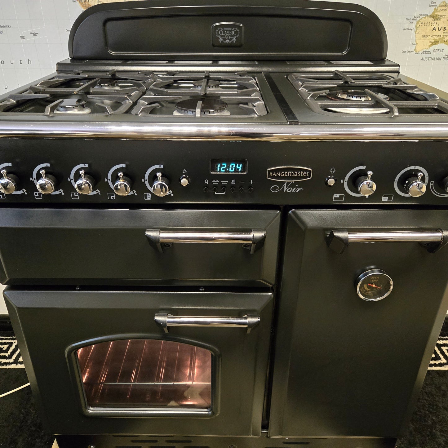 Rangemaster Classic Noir Gas Range Cooker in Black with a Chrome Trim 90cm