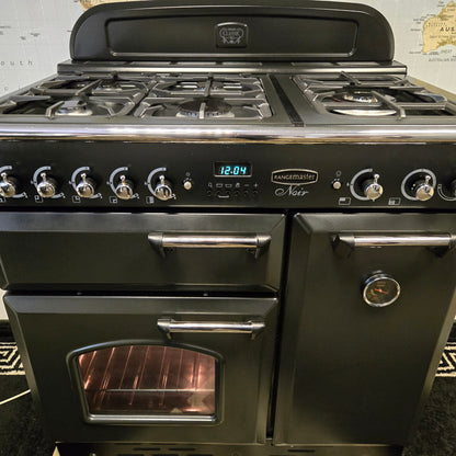 Rangemaster Classic Noir Gas Range Cooker in Black with a Chrome Trim 90cm