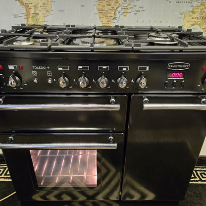 Rangemaster Toledo Plus Dual Fuel Range Cooker in Black and Chrome 90cm