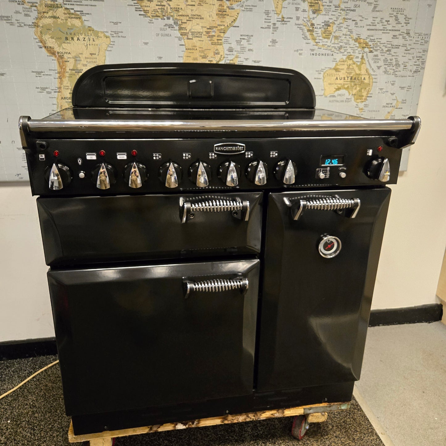 Rangemaster Elan Electric Range Cooker in Black with a Chrome Trim 90cm