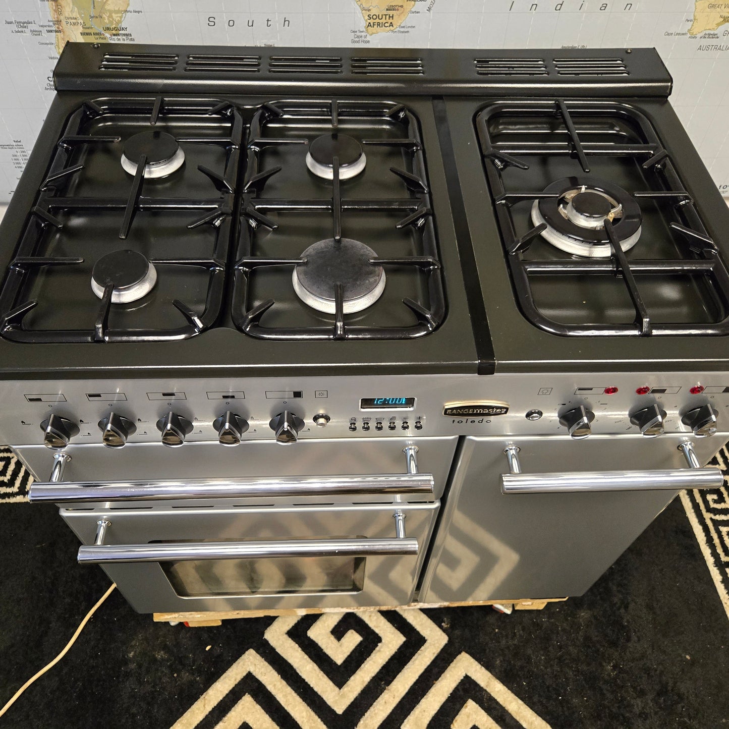 Rangemaster Toledo Dual Fuel Range Cooker in Silver with a Chrome Trim 90cm