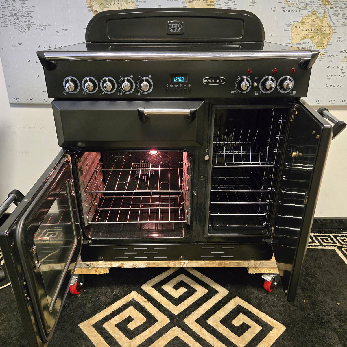 Rangemaster Classic 90 Electric Range Cooker in Black and Chrome 90cm