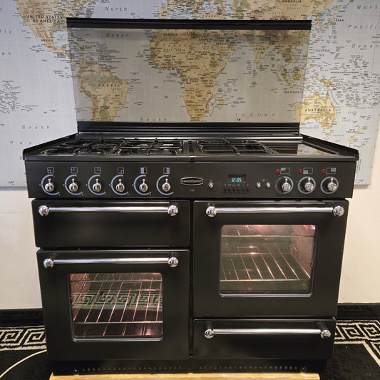 Rangemaster 110 Dual Fuel Range Cooker in Black with a Chrome Trim 110cm