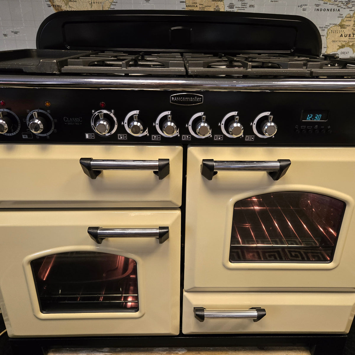 Rangemaster Classic Deluxe Dual Fuel Range Cooker in Cream 110cm