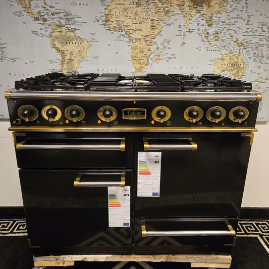 Brand New Falcon Dual Fuel Range Cooker in Black with a Gold Trim 110cm