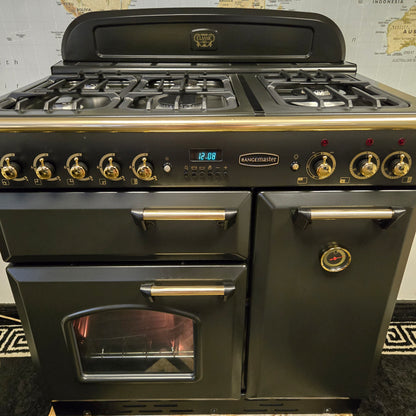 Rangemaster Classic Dual Fuel Range Cooker in Black and Gold 90cm