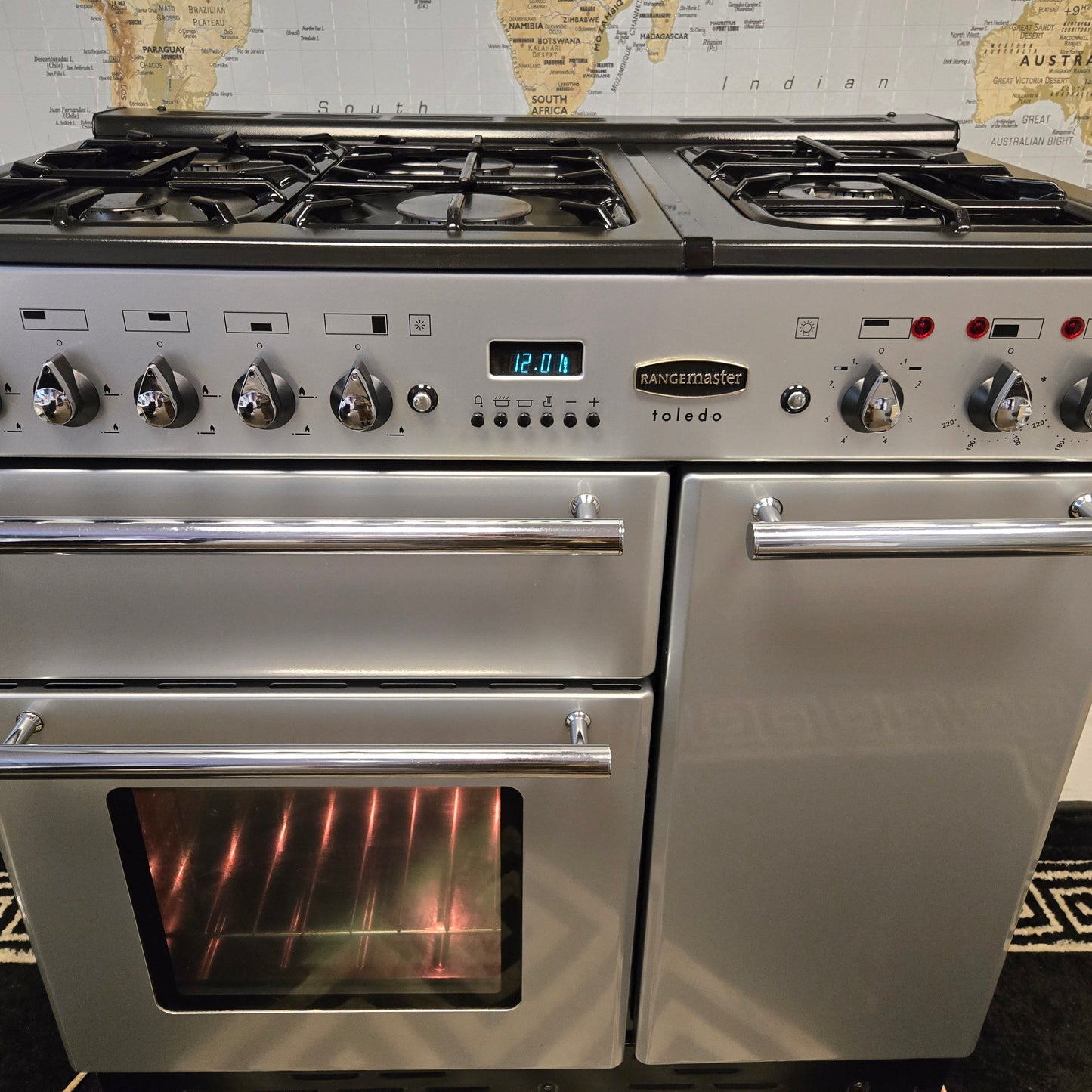 Rangemaster Toledo Dual Fuel Range Cooker in Silver with a Chrome Trim 90cm