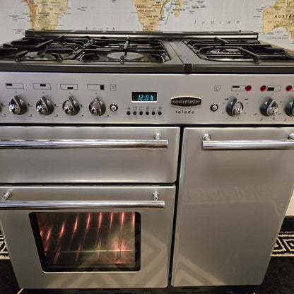 Rangemaster Toledo Dual Fuel Range Cooker in Silver with a Chrome Trim 90cm