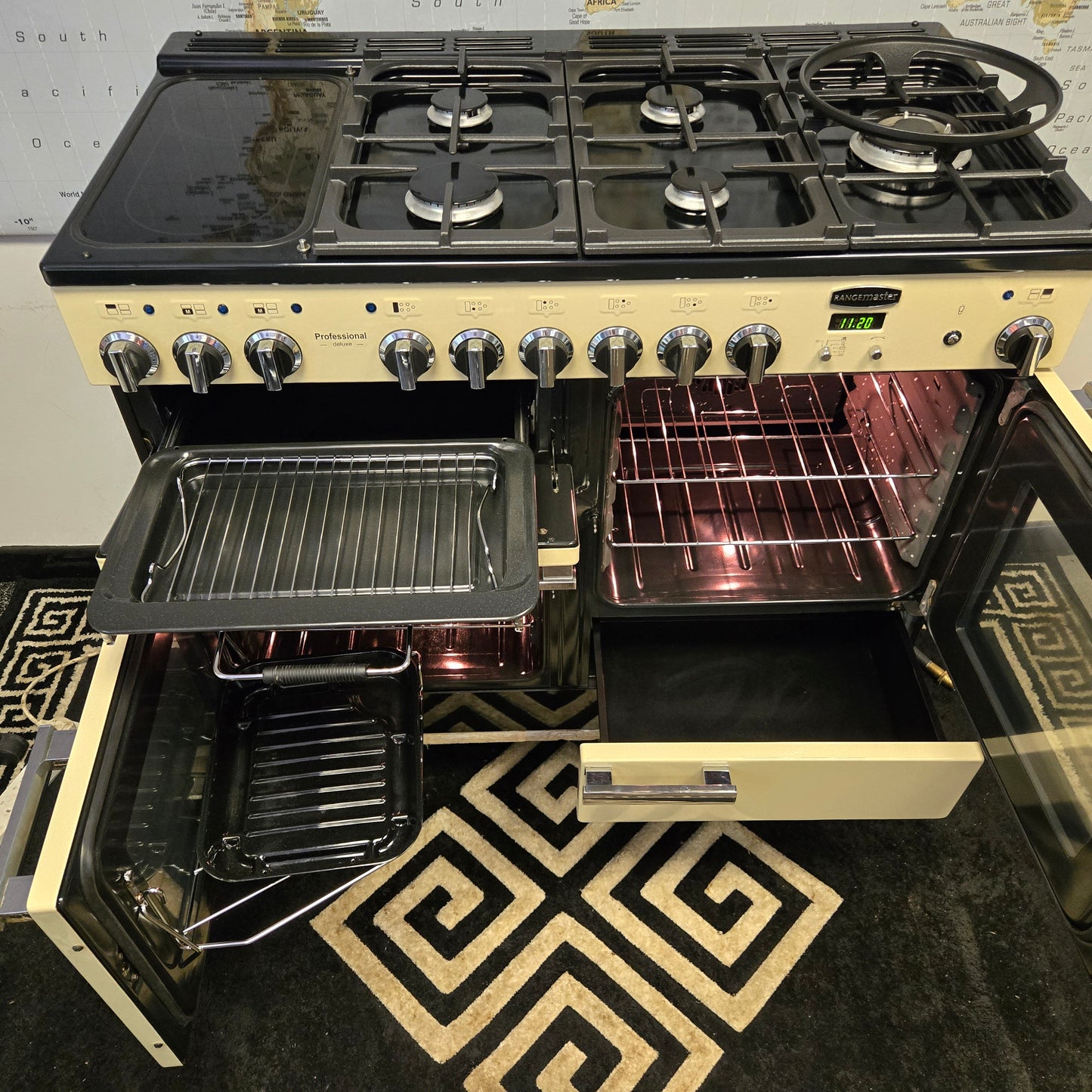 Rangemaster Professional Deluxe Dual Fuel Range Cooker in Cream and Chrome 110cm