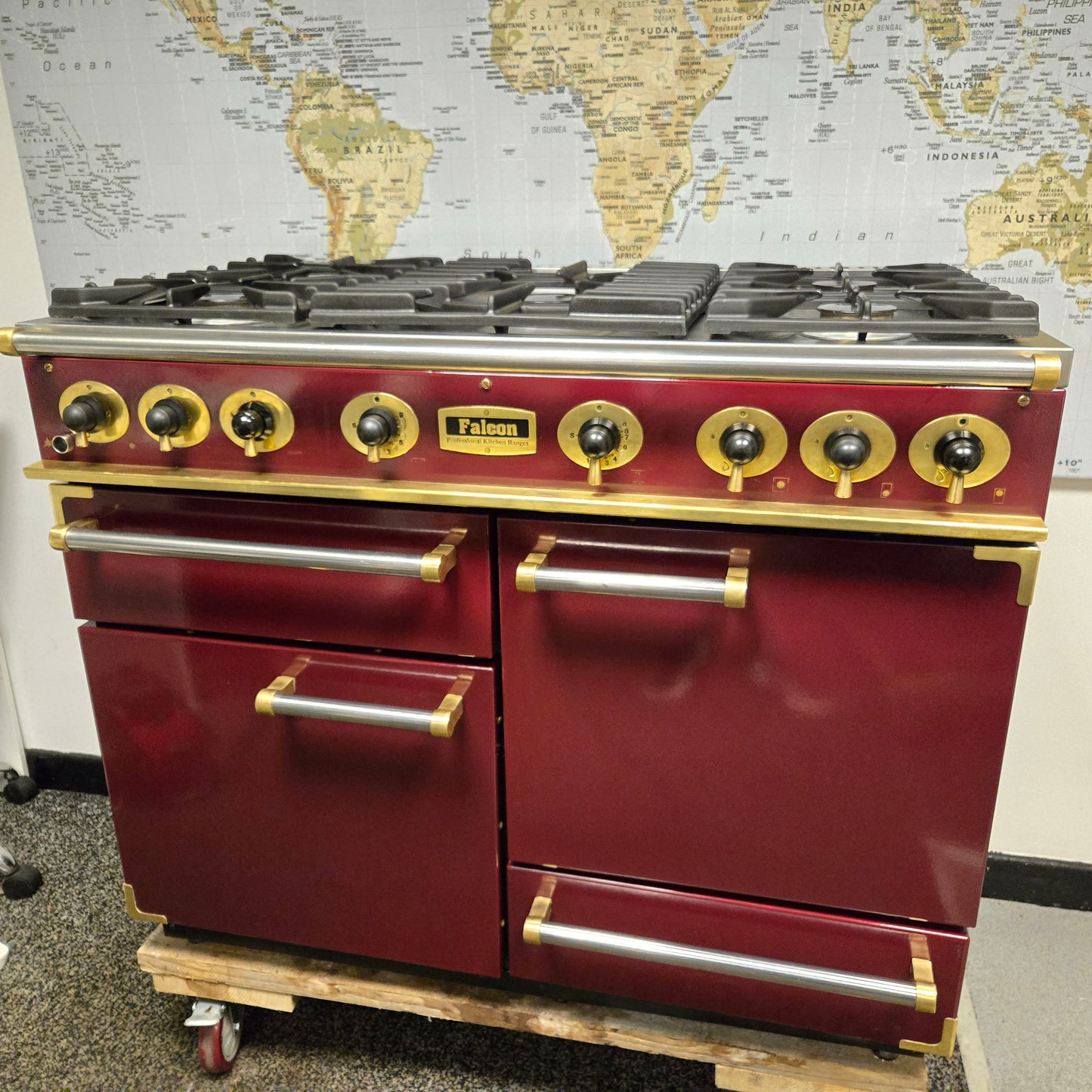 Falcon Gas Range Cooker in Burgundy Red with a Brass Trim 110cm