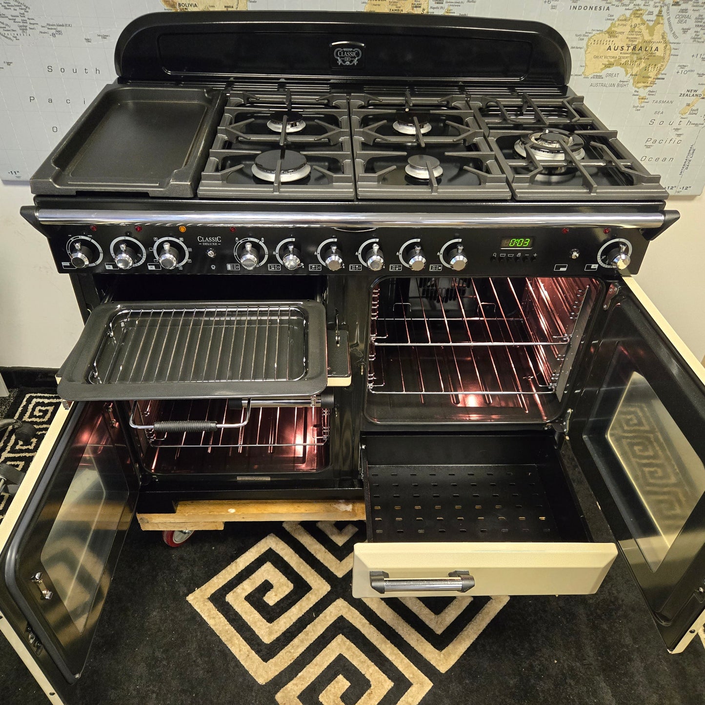 Rangemaster Classic Deluxe Dual Fuel Range Cooker in Cream and Chrome 110cm