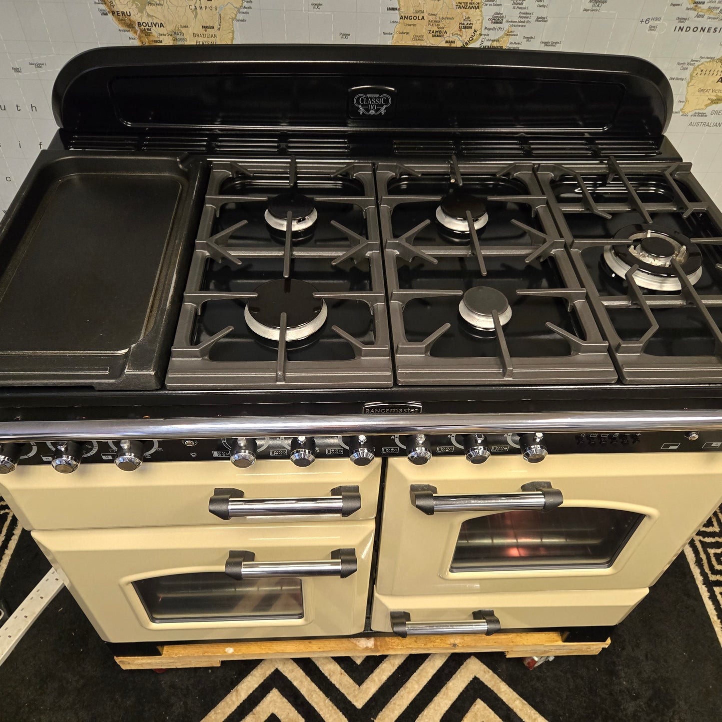 Rangemaster Classic Deluxe Dual Fuel Range Cooker in Cream and Chrome 110cm