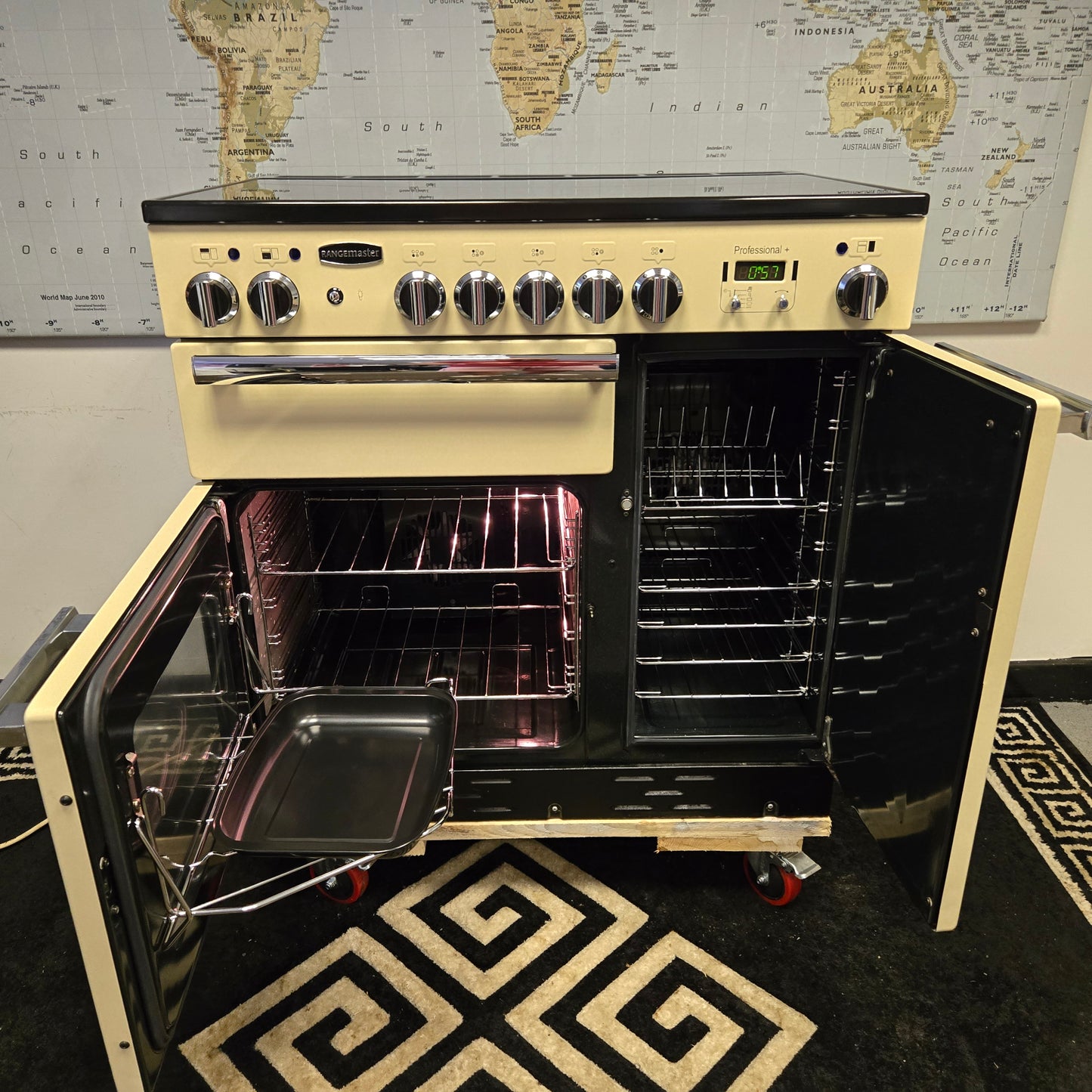 Rangemaster Professional Plus Electric Range Cooker in Cream with a Chrome Trim 90cm
