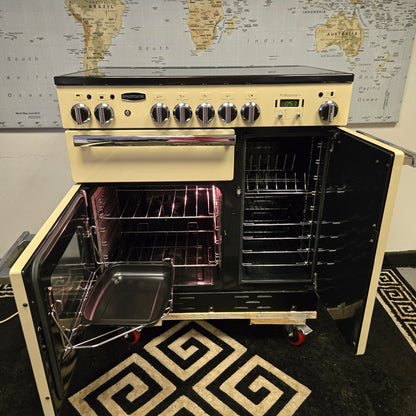 Rangemaster Professional Plus Electric Range Cooker in Cream with a Chrome Trim 90cm