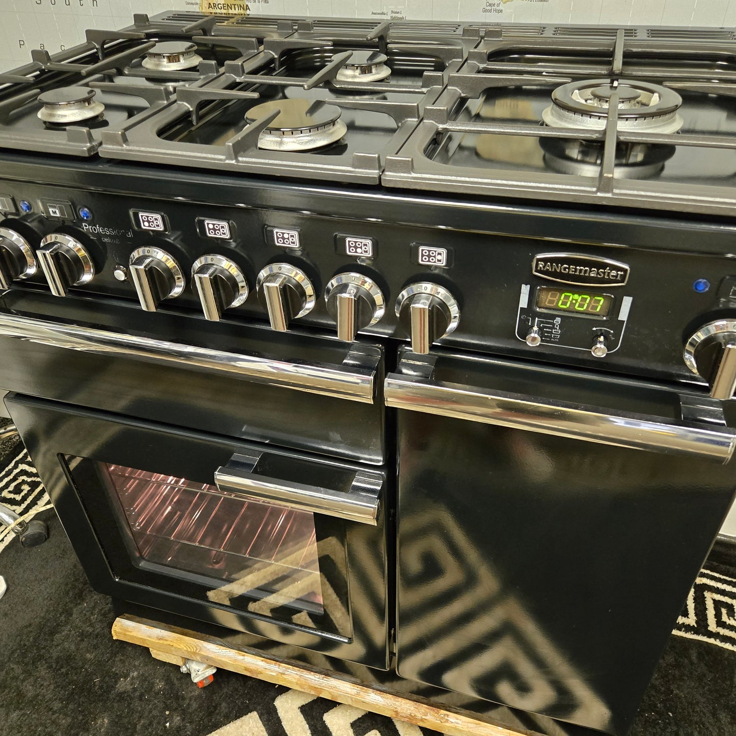 Rangemaster Professional Deluxe Dual Fuel Range Cooker in Black and Chrome 90cm