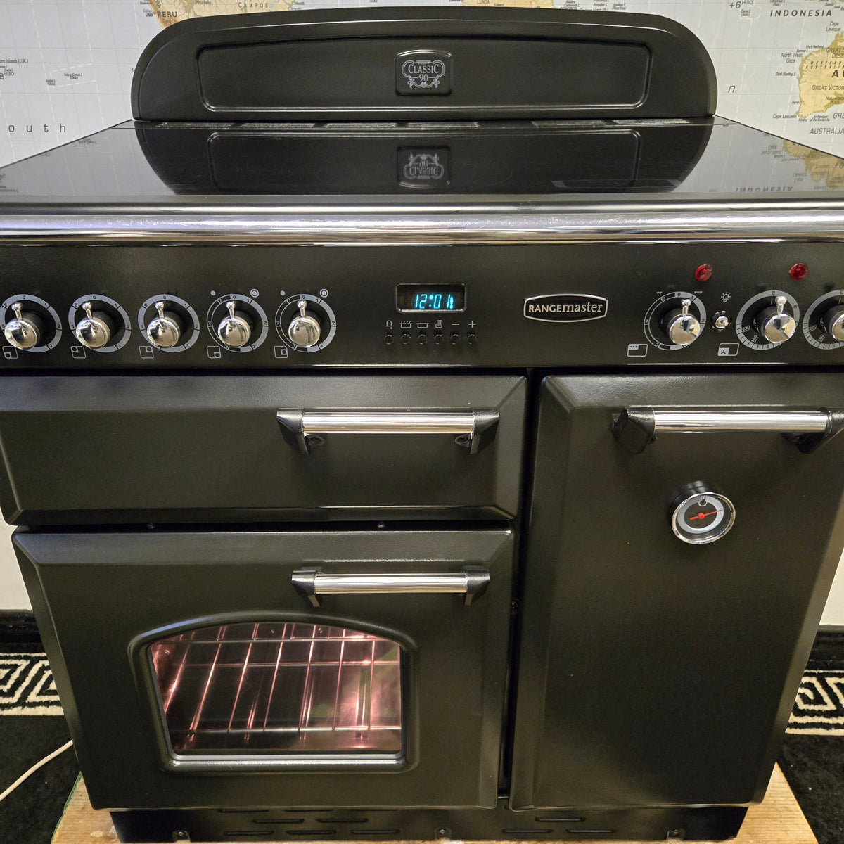 Rangemaster Classic 90 Electric Range Cooker in Black and Chrome 90cm
