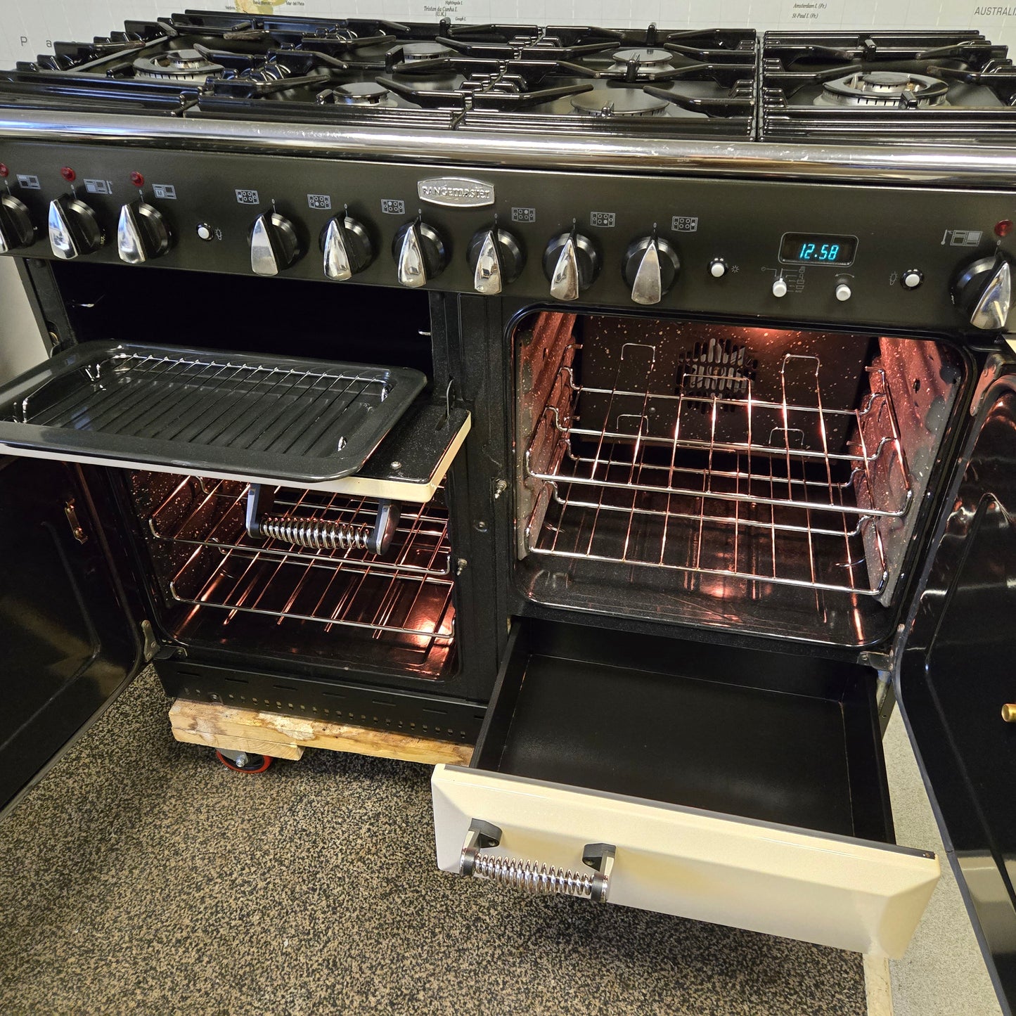 Rangemaster Elan Dual Fuel Range Cooker in Cream and Chrome 110cm