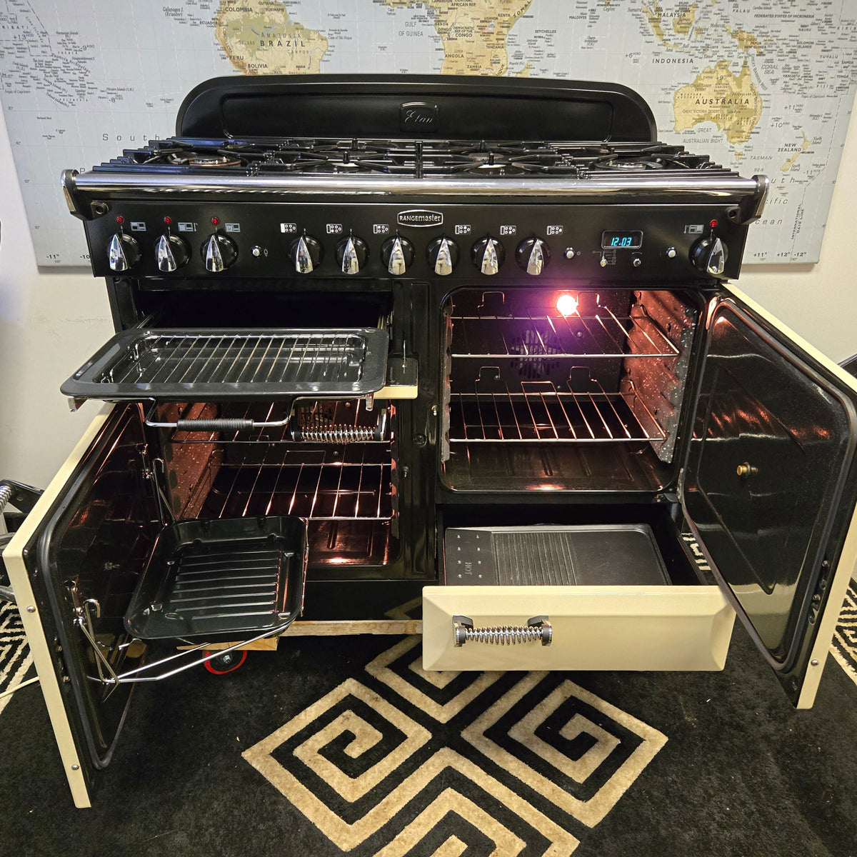 Rangemaster Elan Dual Fuel Range Cooker in Cream and Chrome 110cm