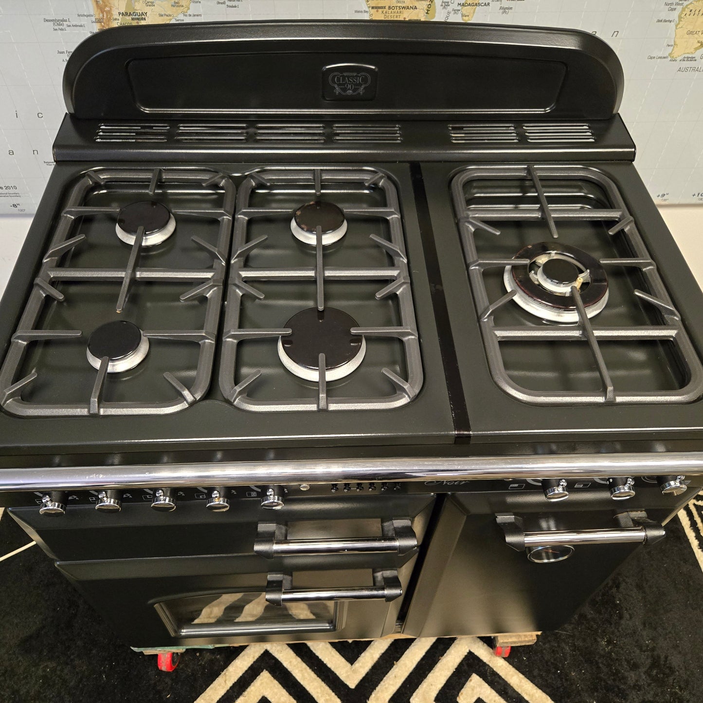 Rangemaster Classic Noir Gas Range Cooker in Black with a Chrome Trim 90cm