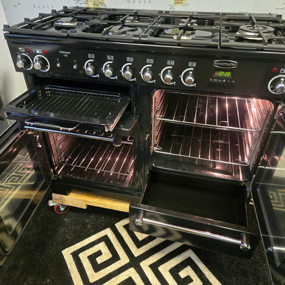 Rangemaster Kitchener Dual Fuel Range Cooker in Black with a Chrome Trim 110cm