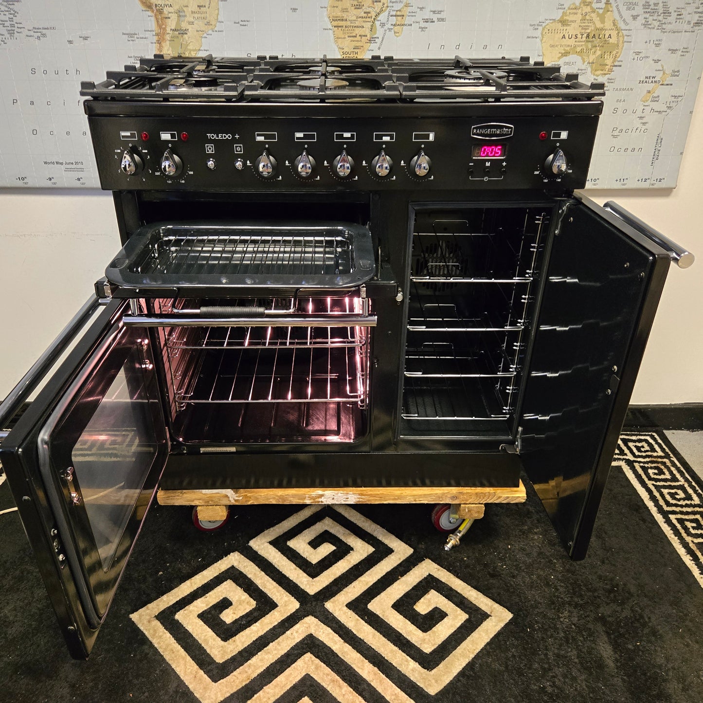 Rangemaster Toledo Plus Dual Fuel Range Cooker in Black and Chrome 90cm