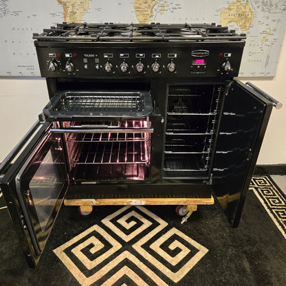 Rangemaster Toledo Plus Dual Fuel Range Cooker in Black and Chrome 90cm