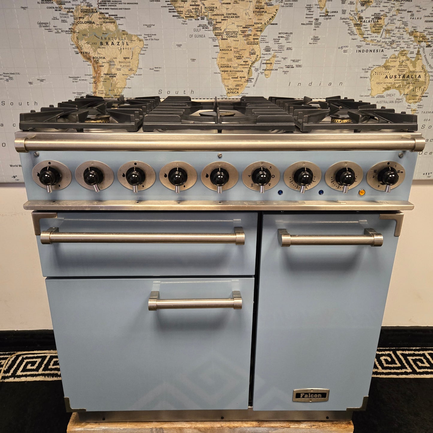 Falcon Deluxe 900 Dual Fuel Range Cooker in Skye Blue 90cm
