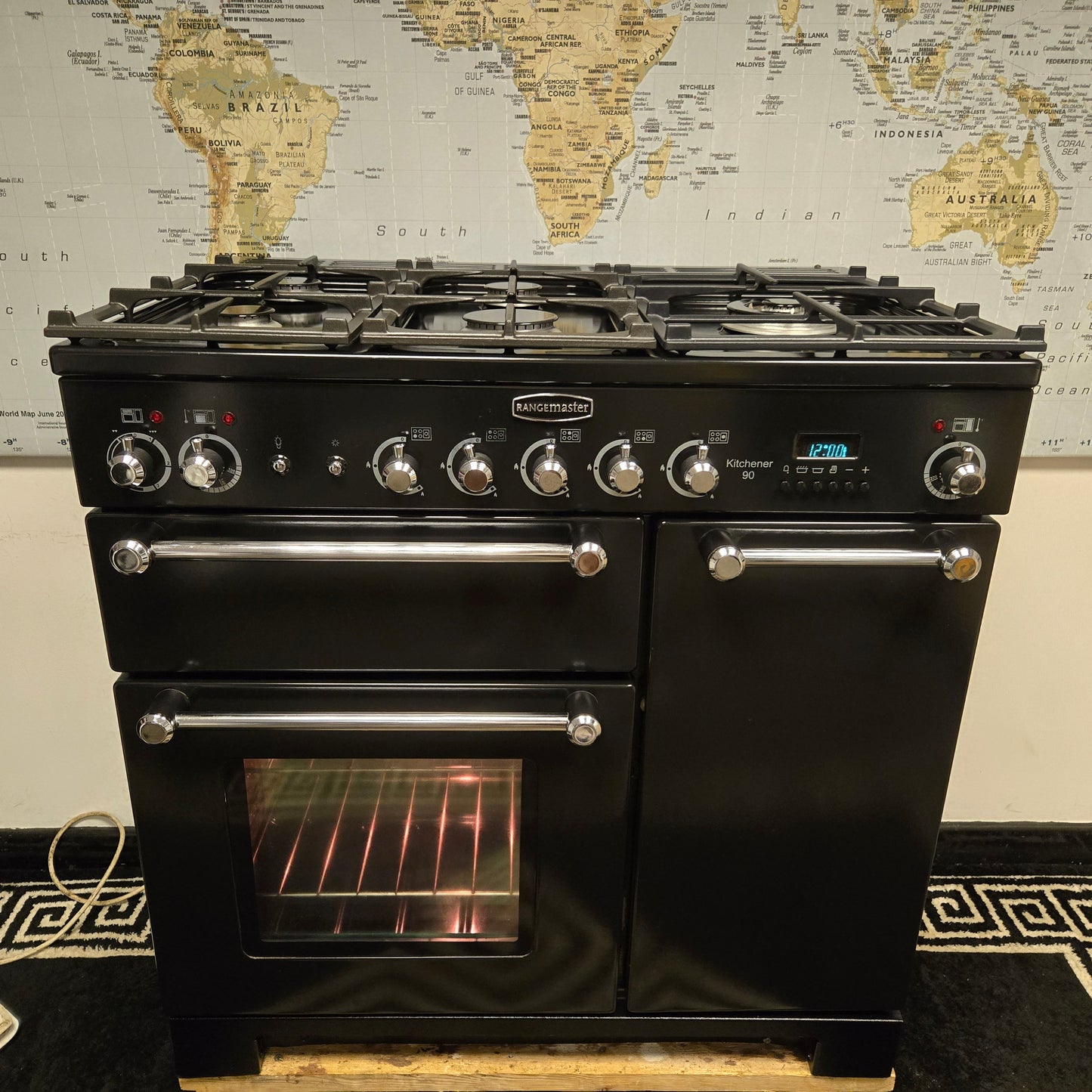Rangemaster Kitchener Dual Fuel Range Cooker in Black and Chrome 90cm