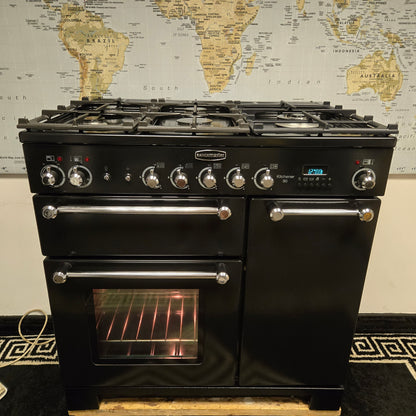 Rangemaster Kitchener Dual Fuel Range Cooker in Black and Chrome 90cm